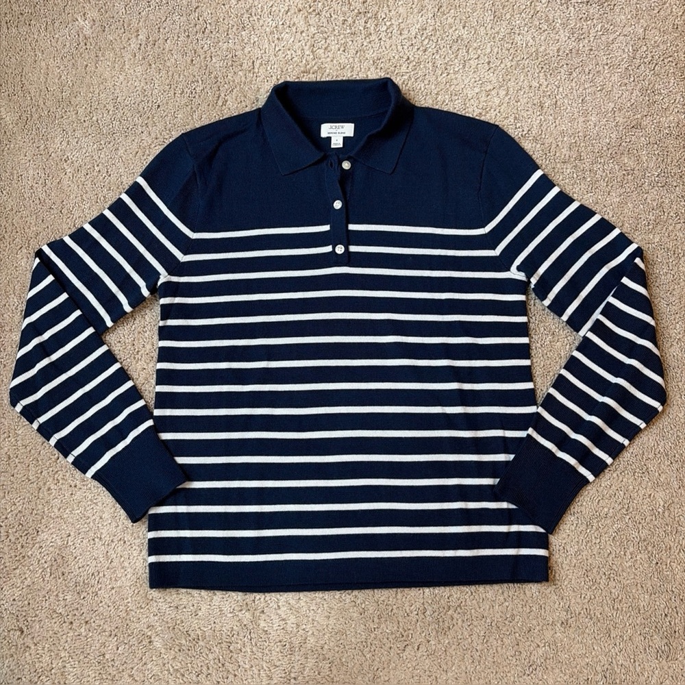 Womens J. Crew Navy Blue White Striped Merino Wool Blend Polo Sweater Size Small